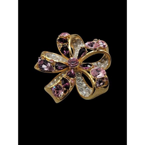Nolan Miller Brooch Amethyst Purple & Clear Crystals Double Layer Gold Tone - Picture 3 of 15